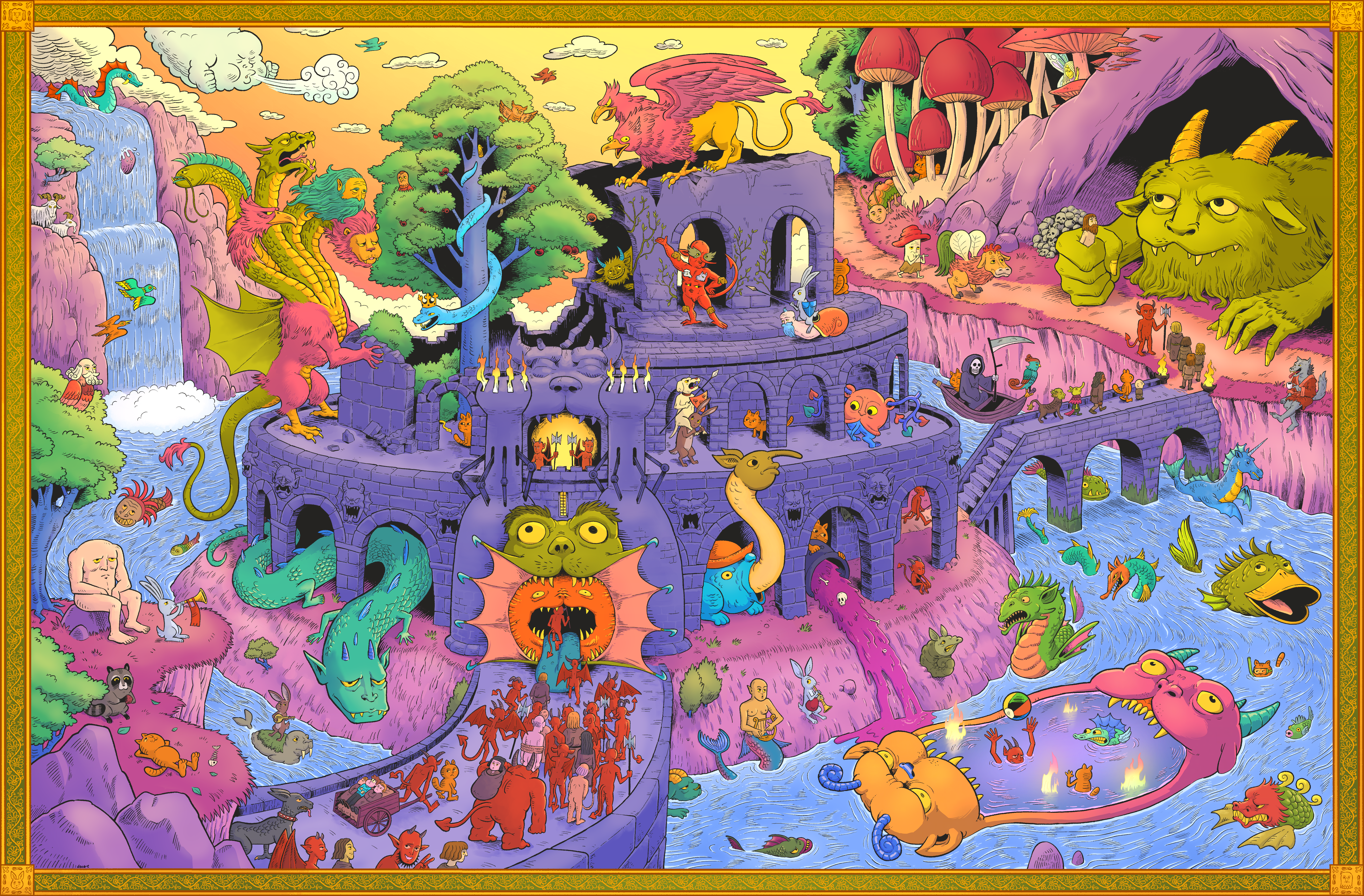 A large illustration of a medieval scene with creatures in a castle surrounded by a moat.