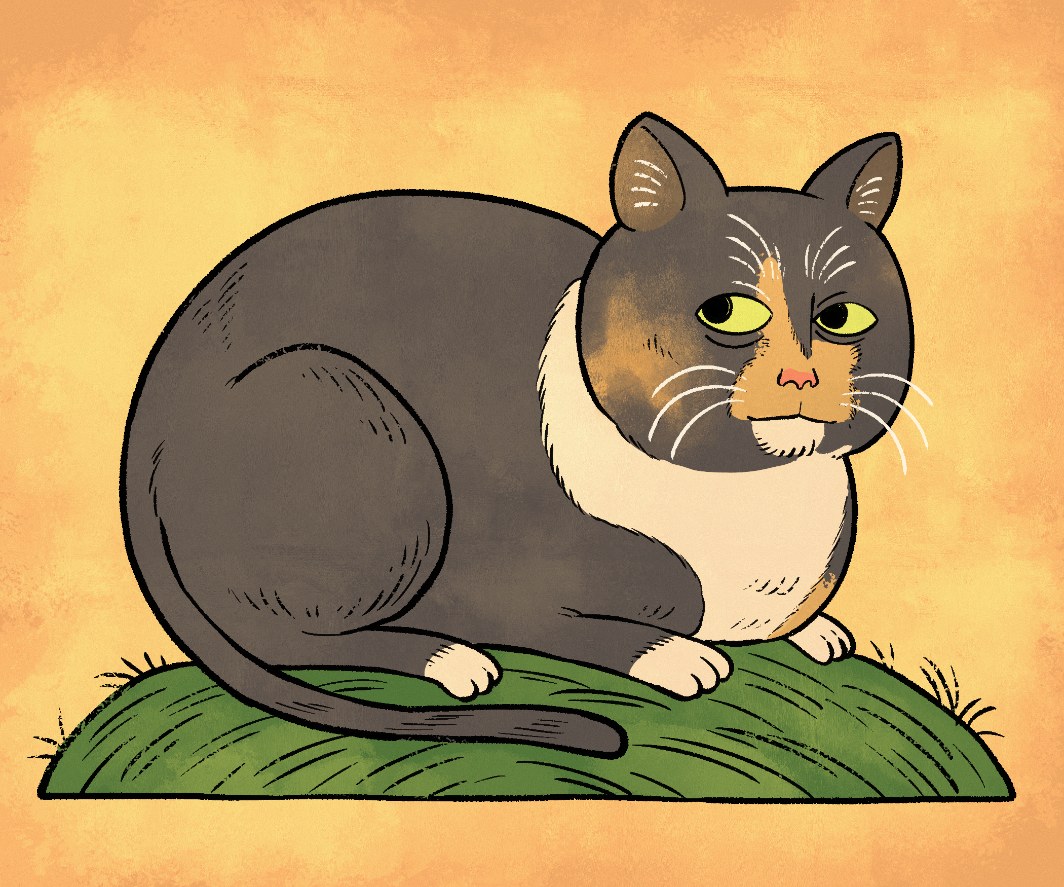 Portrait of a round cat on a patch of grass.