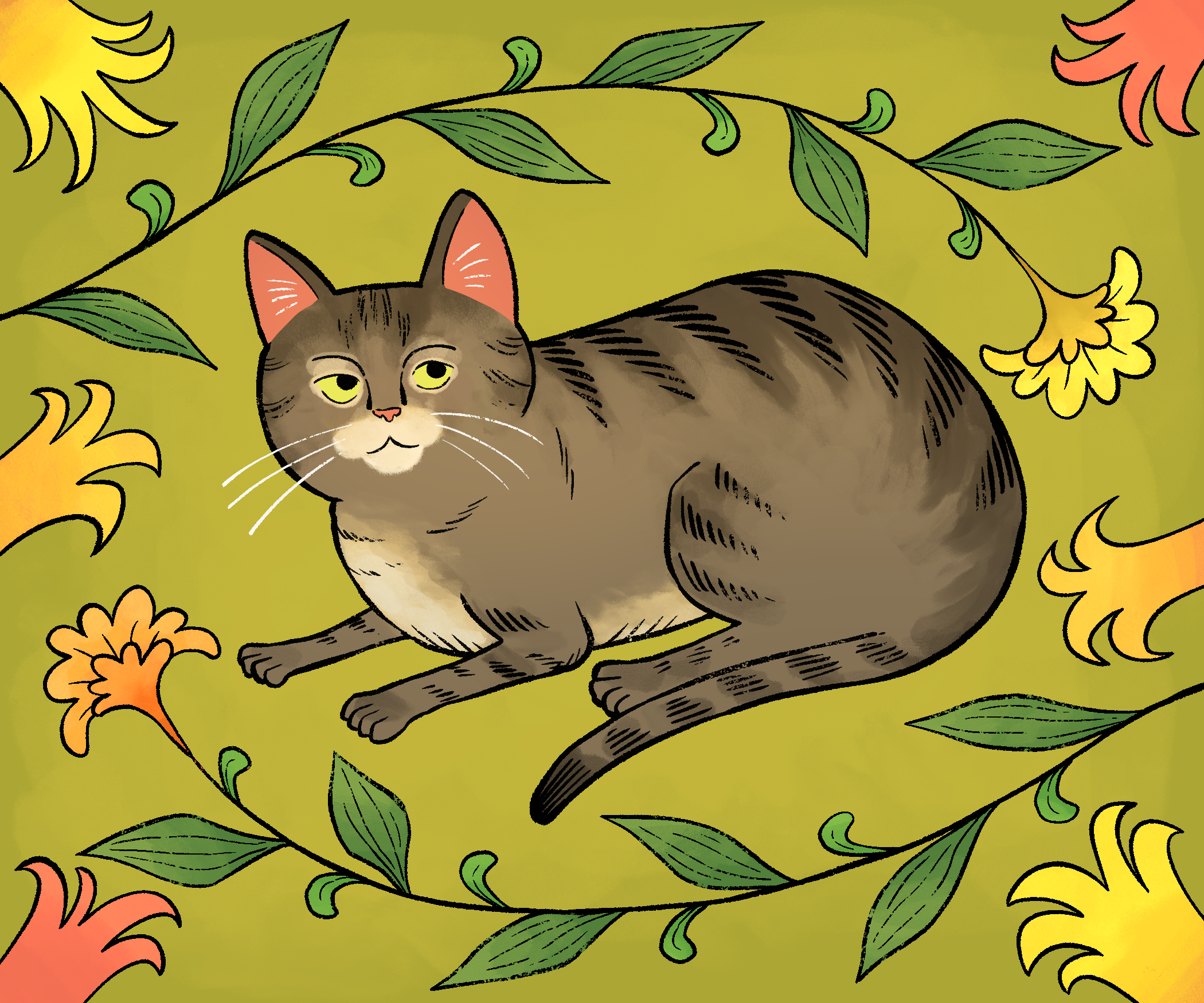 Portrait of a tabby cat surrounded by flowers.