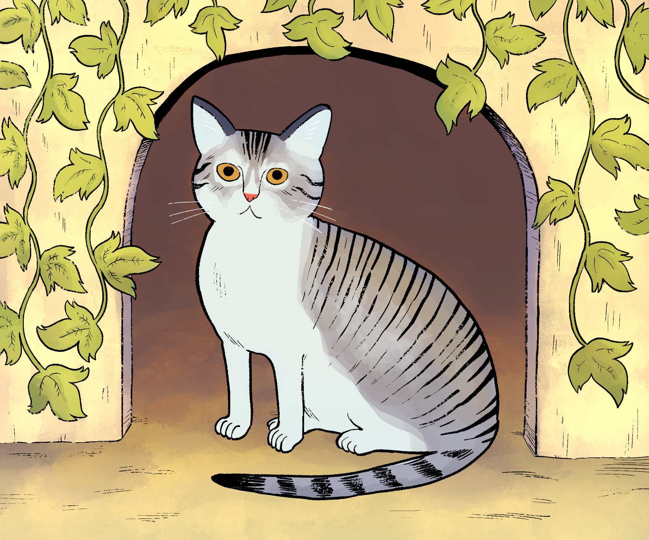 Portrait of a gray cat sitting in stone archway covered in vines.