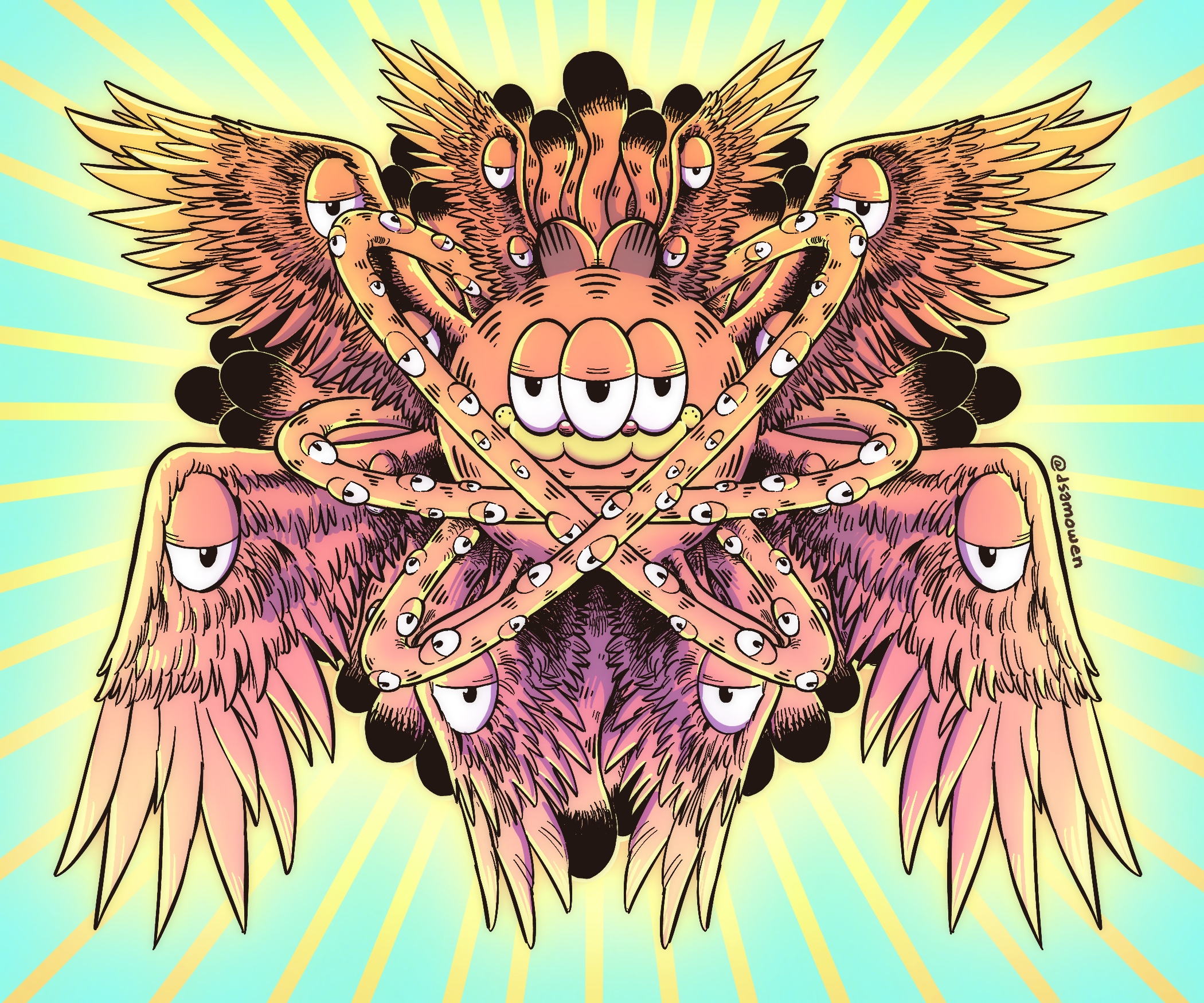 An illustration of Garfield drawn as an angel with many eyes and wings.