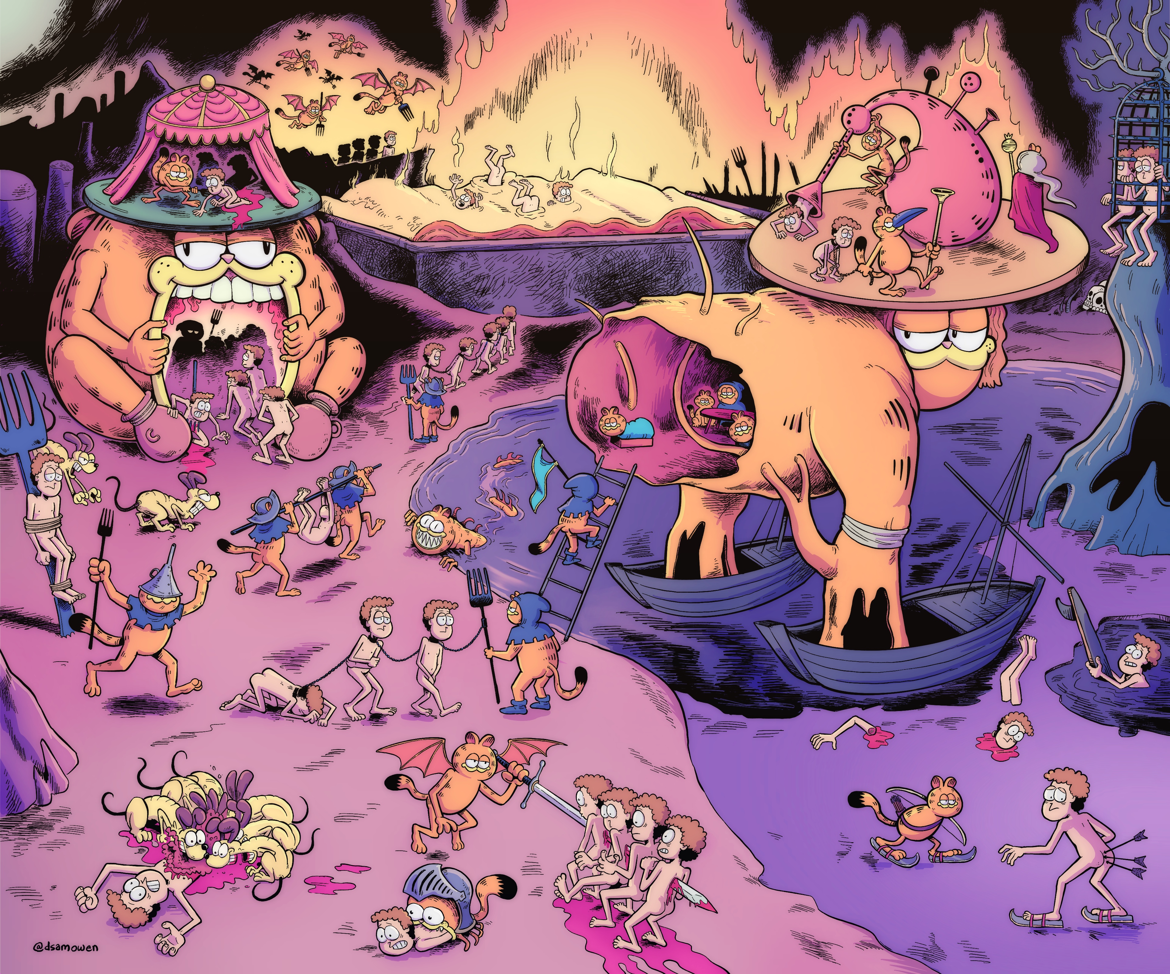 A large cartoony illustration of Garfield demons torturing lots of Jon Arbuckles.