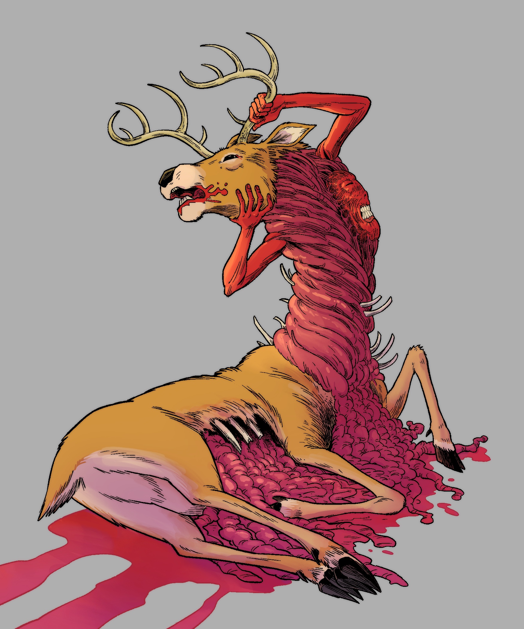 Art of a deer corpse with a red fleshy monster twisting out of its body.