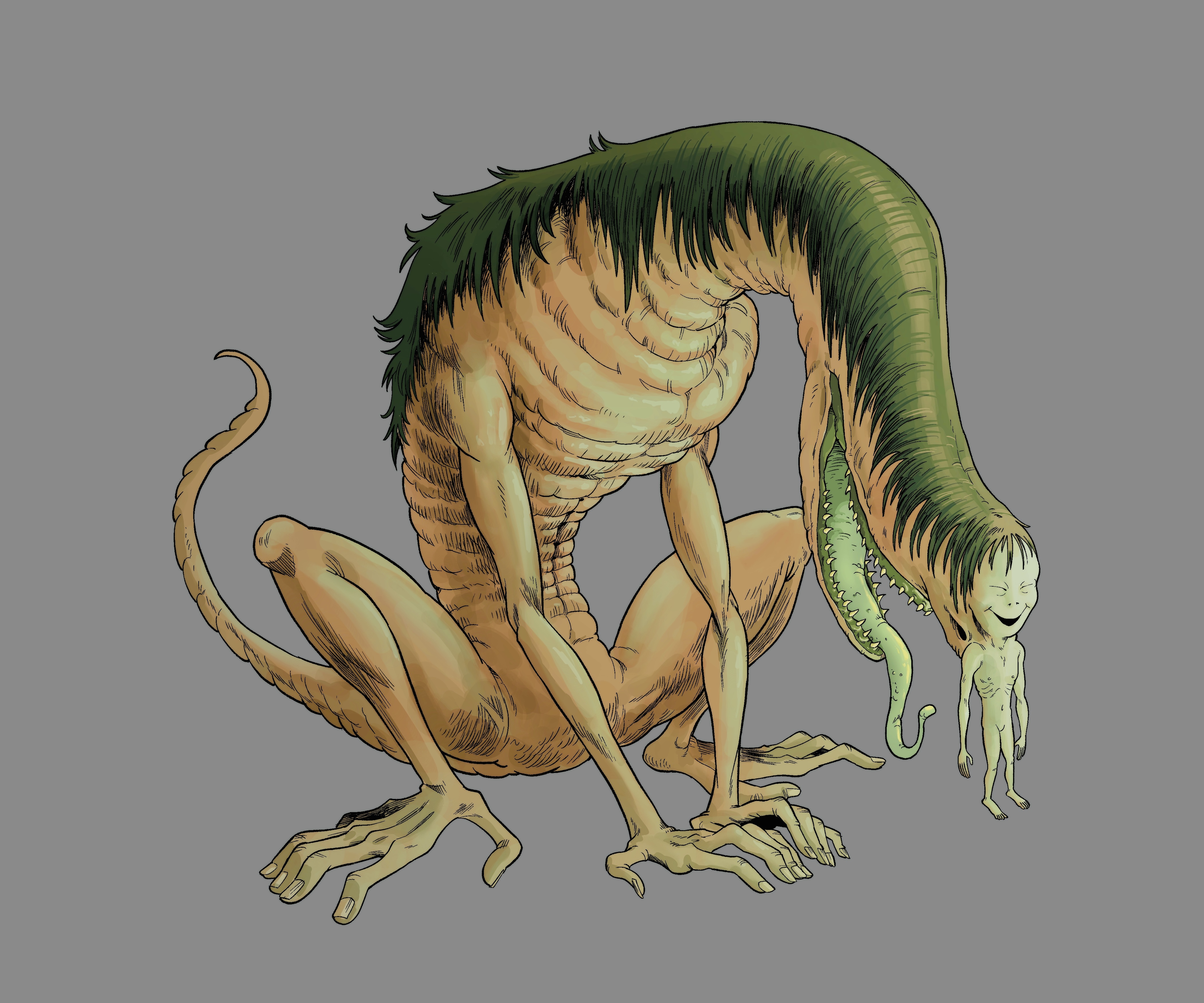 Drawing of a creature with a long neck and a smaller, false body attached to its face.