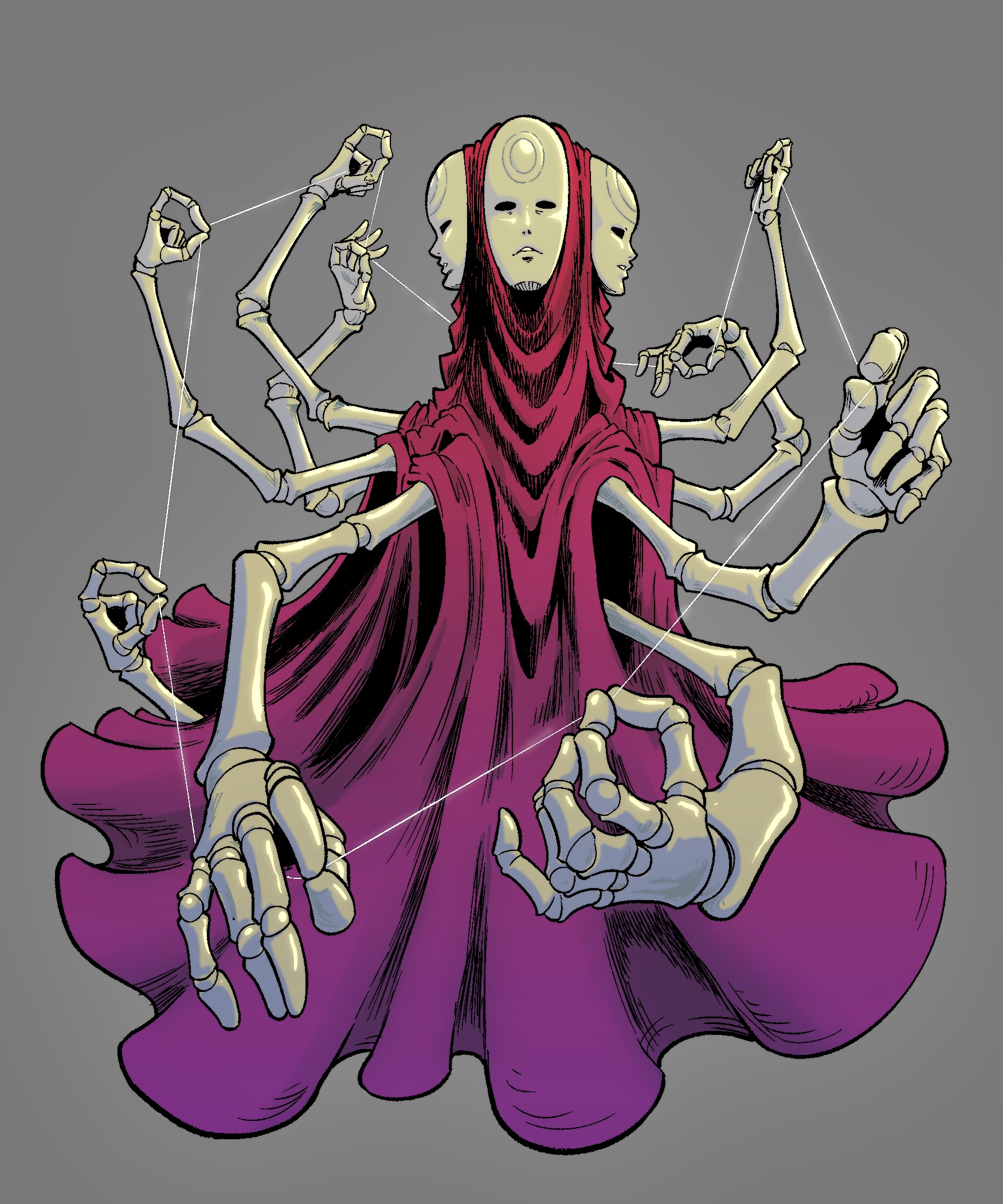 Drawing of a robed figure with three masks and many puppet hands holding a thread.