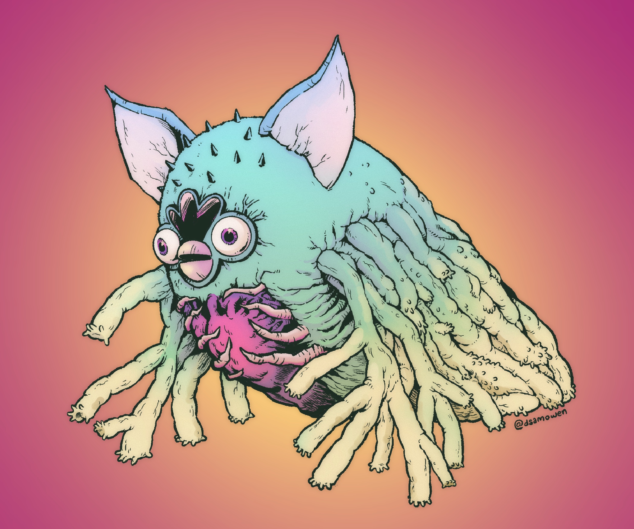 Cartoon rendering of a Furby with many legs.