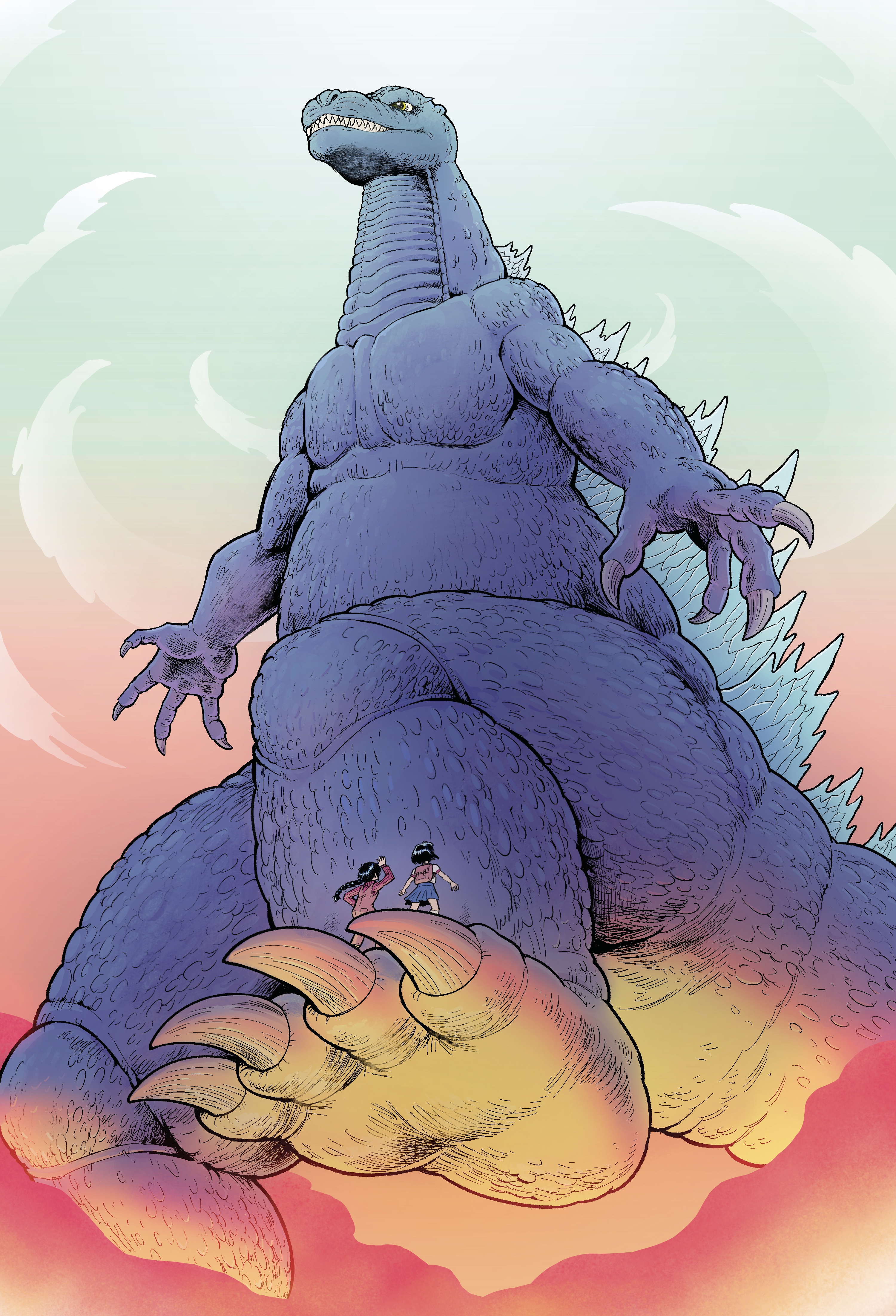 Art of Godzilla seen from below with his foot raised.
