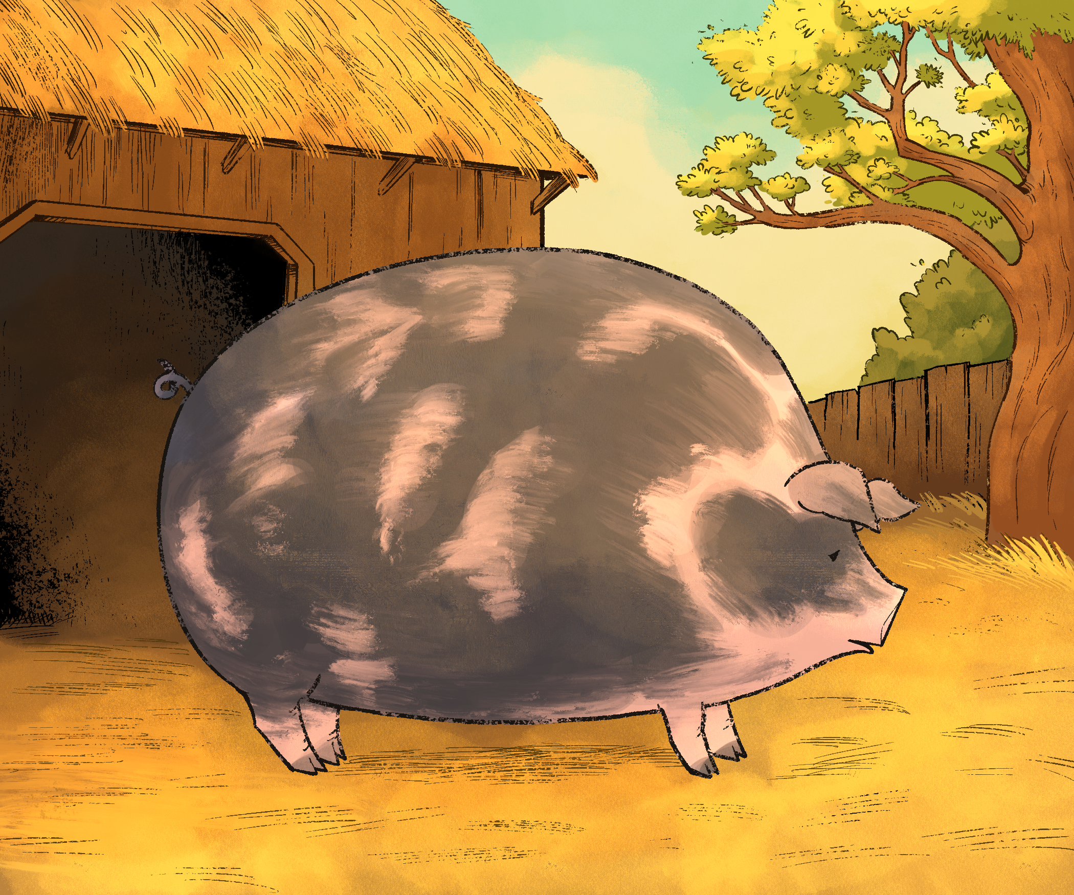 Portrait of a round pig with a barn and tree in the background.