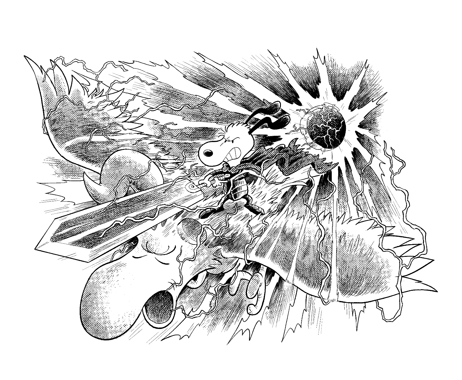 Drawing of Snoopy as Guts riding Woodstock styled after Nosferatu Zodd.